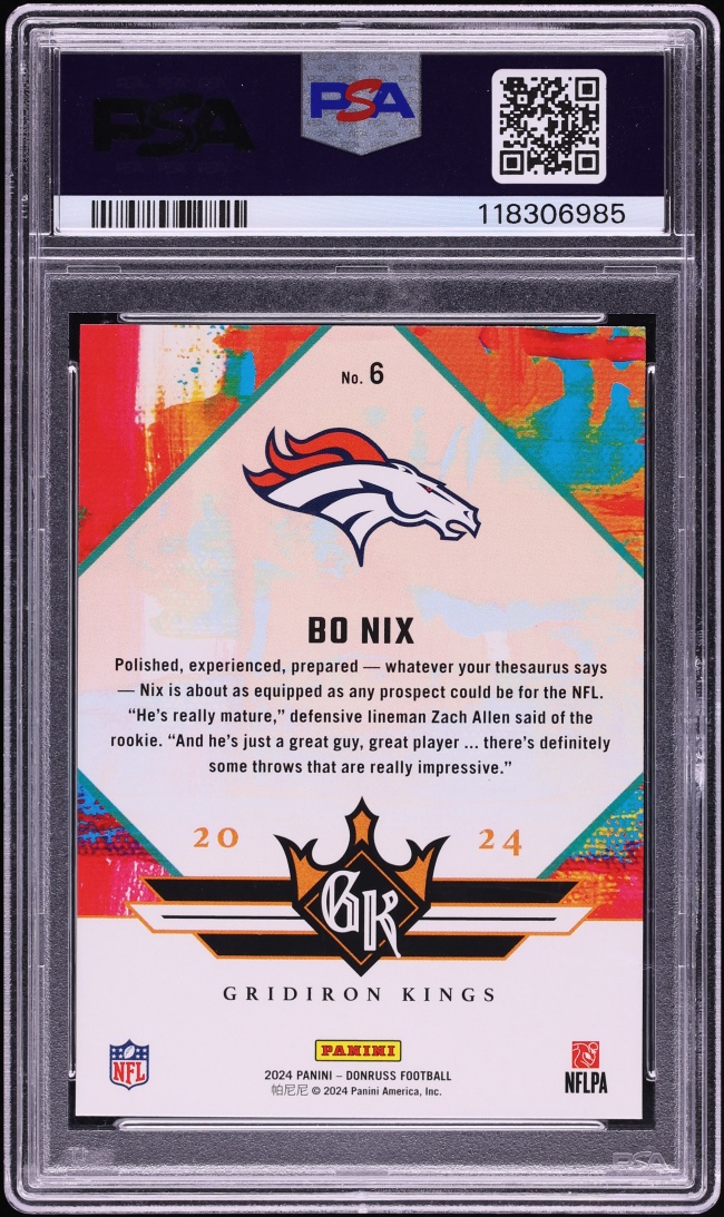 2024 Donruss Gridiron Kings Bo Nix ROOKIE #6 PSA 10 GEM MINT