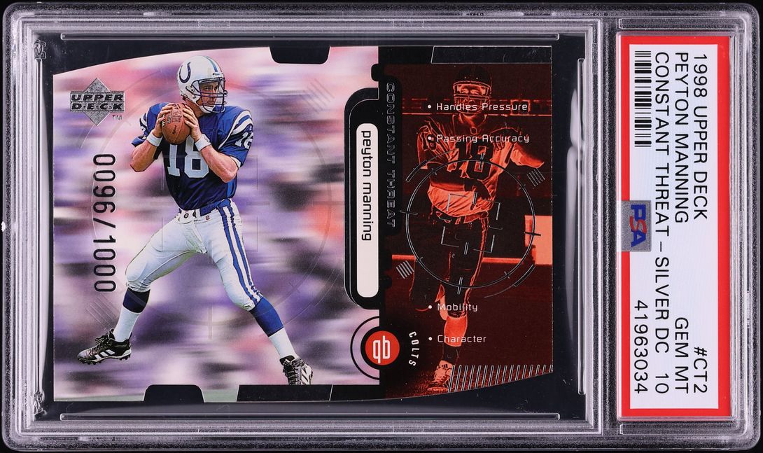 1998 Upper Deck Constant Threat Silver Die-Cut Peyton Manning ROOKIE /1000 #CT2 PSA 10 GEM MINT - Photo 1