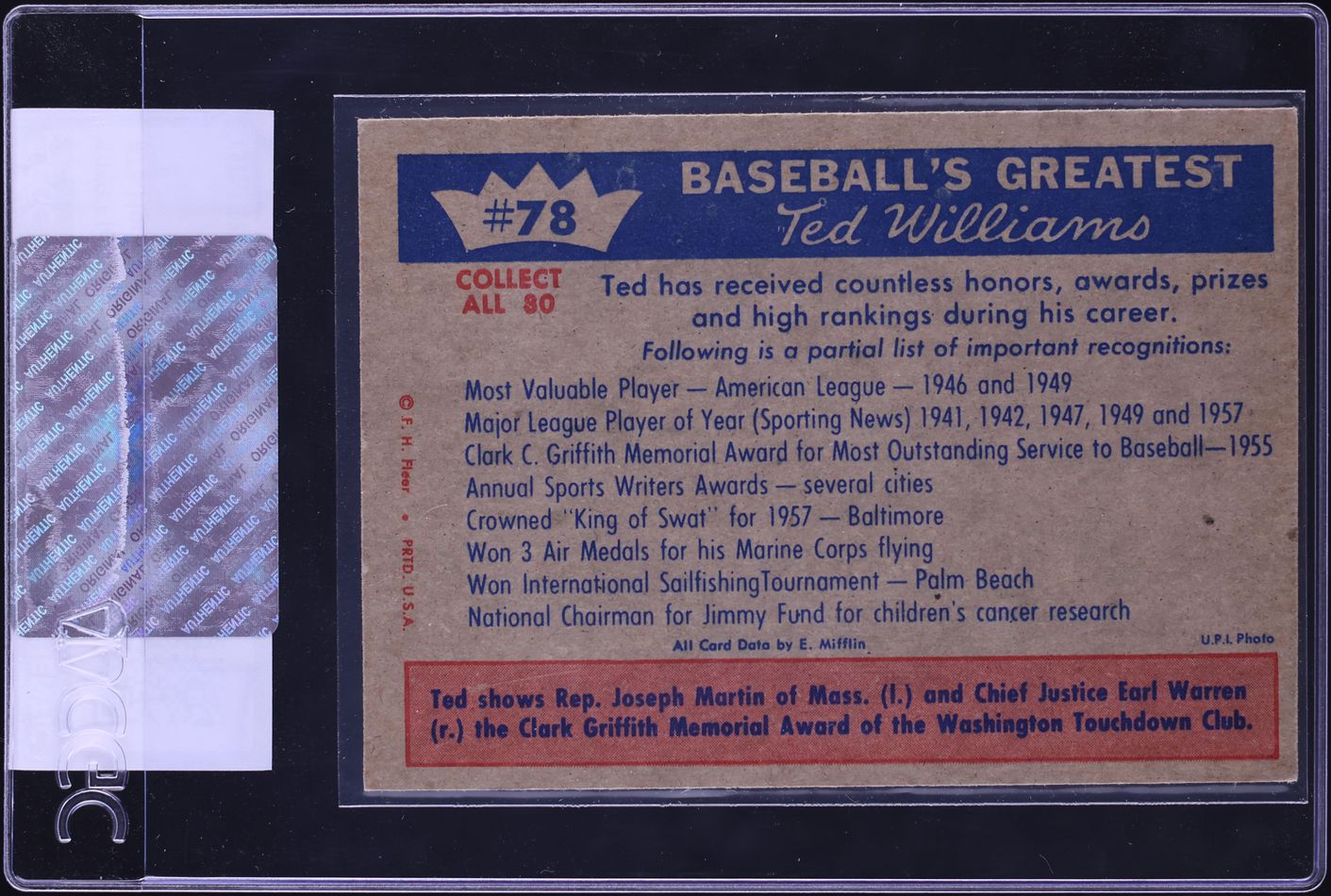 1959 Fleer Ted Williams Honors For Williams #78 CGC AUTH