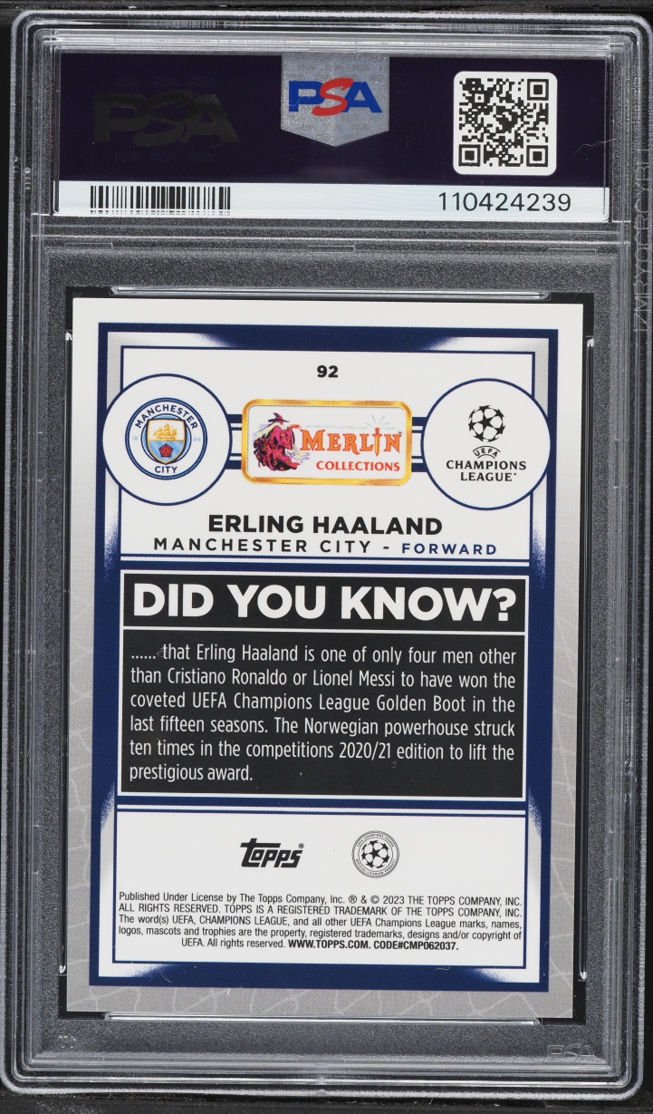 2022 Topps Merlin Chrome UEFA Club Competitions Aqua Prism Refractor Erling Haaland #92 PSA 8
