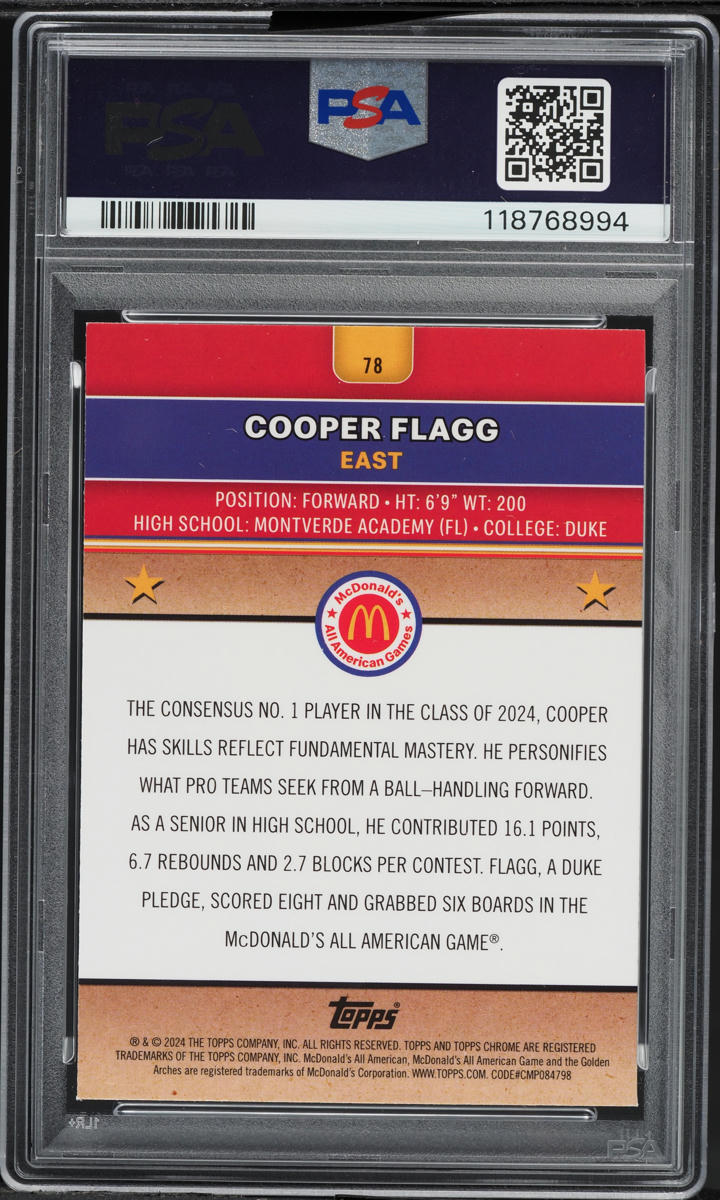 2024 Topps Chrome McDonald's All American Raywave Cooper Flagg ROOKIE #78 PSA 10 GEM MINT