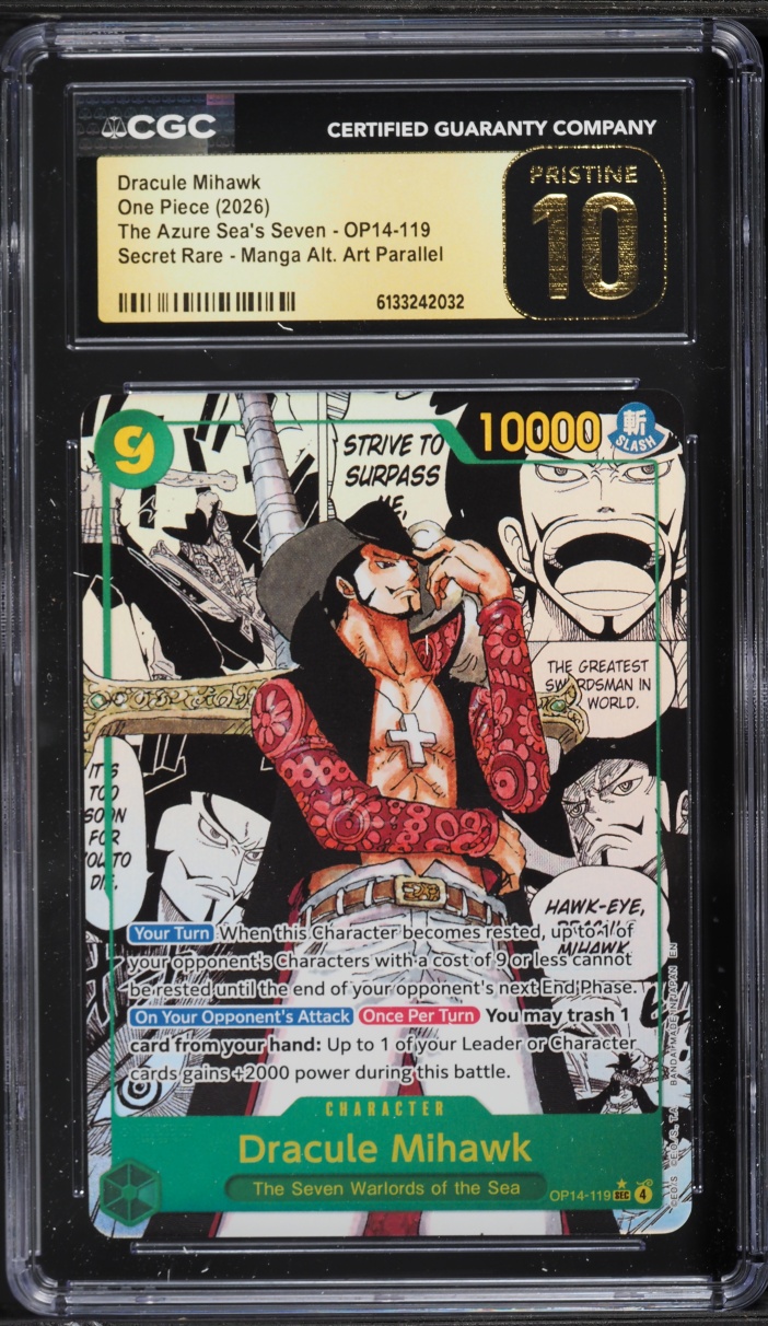 2026 One Piece The Azure Sea's Seven Manga Alt Art SEC Dracule Mihawk #OP14-119 CGC 10 PRISTINE