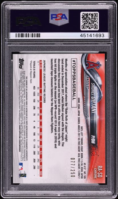2018 Topps Chrome Purple Refractor Shohei Ohtani ROOKIE AUTO /250 #RA-SO PSA 10 GEM MINT
