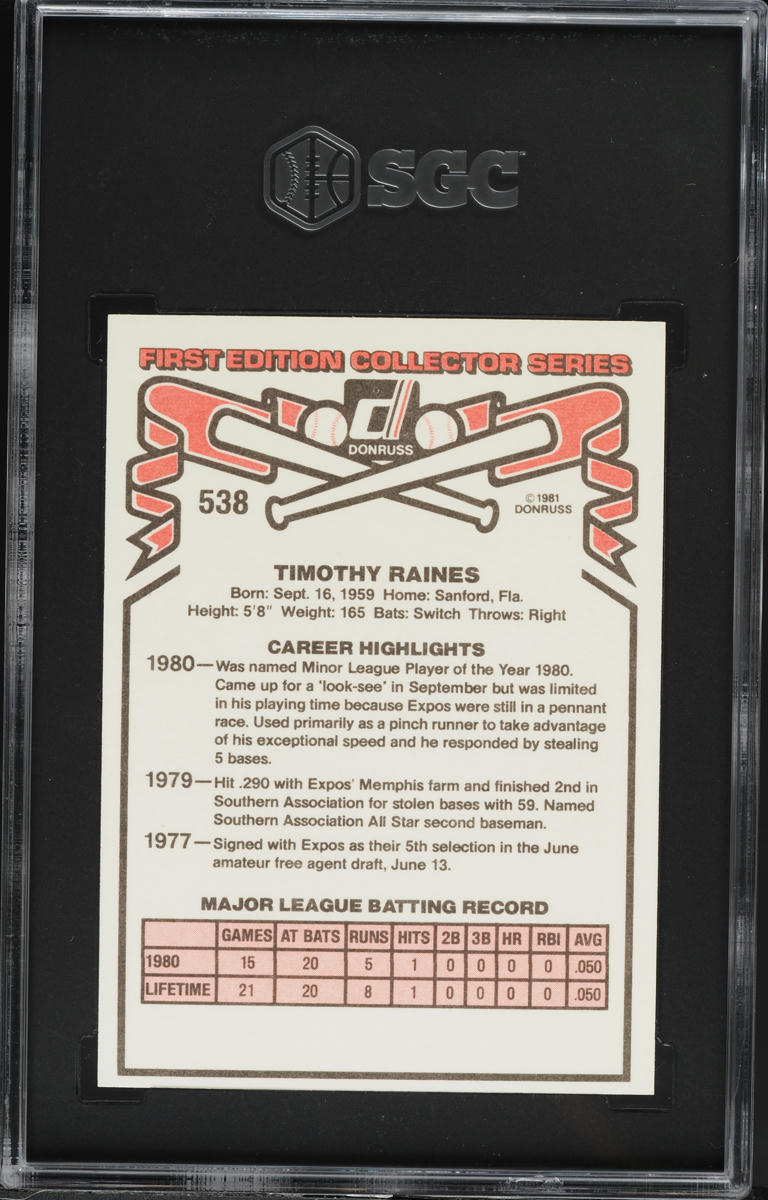 1981 Donruss Tim Raines ROOKIE #538 SGC 9.5 MINT+