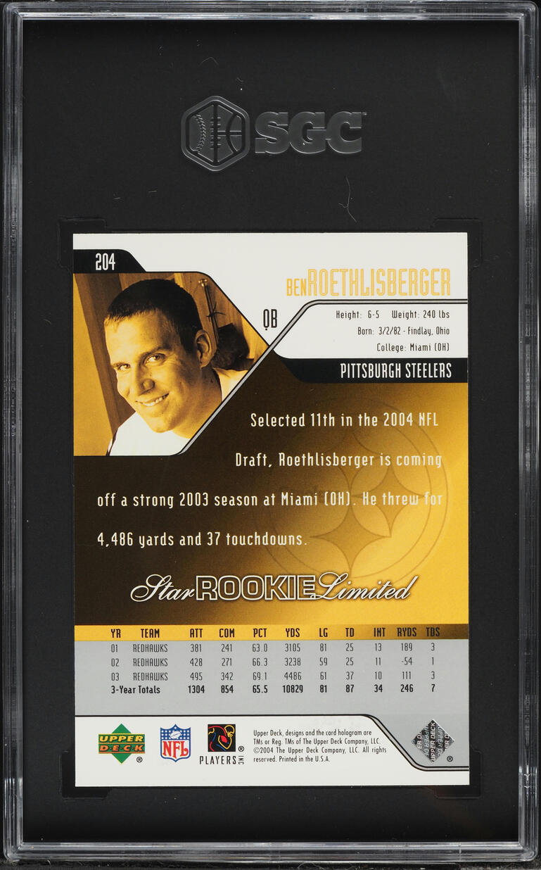 2004 Upper Deck Football Ben Roethlisberger ROOKIE #204 SGC 10 GEM MINT