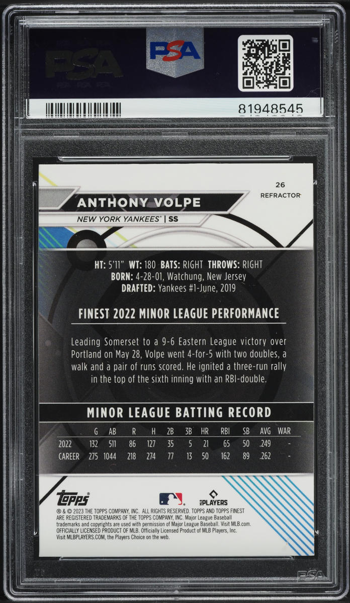 2023 Finest Refractor Anthony Volpe ROOKIE #26 PSA 9 MINT