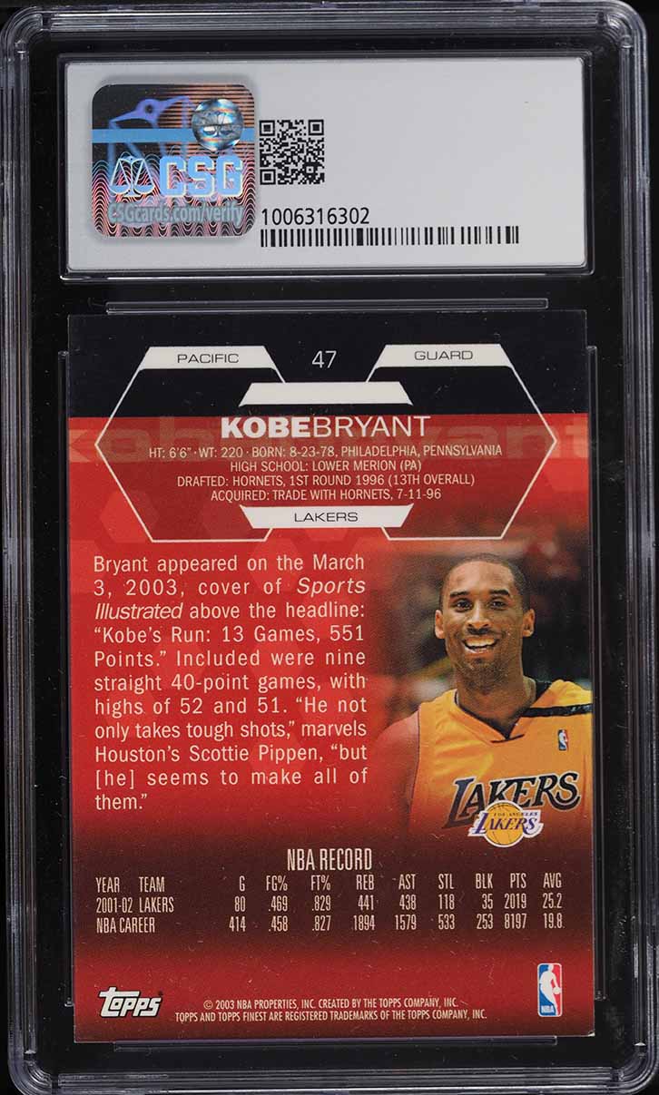 2002 Finest Basketball Kobe Bryant #47 CSG 8.5 NM-MT+