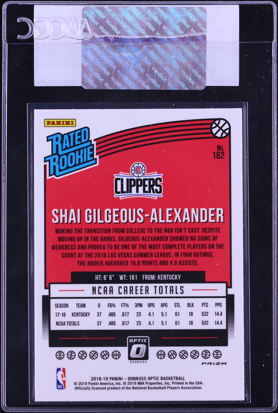2018 Donruss Optic Hyper Pink Prizm Shai Gilgeous-Alexander ROOKIE #162 CGC AUTH