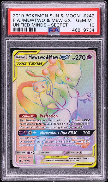 2019 Pokemon Sun & Moon Unified Minds Rainbow Rare Mewtwo & Mew GX #242 PSA 10 GEM MINT