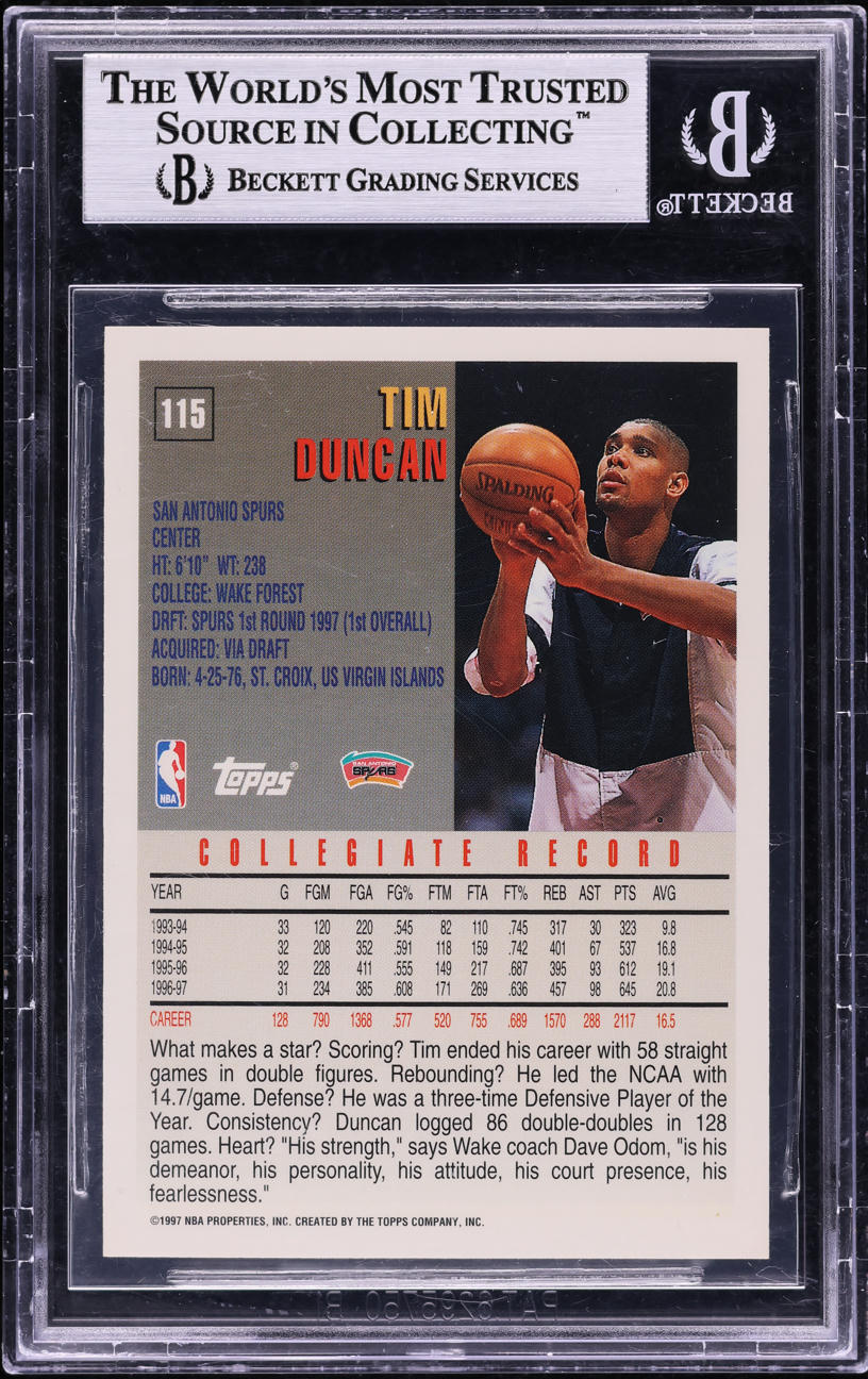 1997 Topps Minted In Springfield Tim Duncan ROOKIE #115 BGS 8.5 NM-MT+