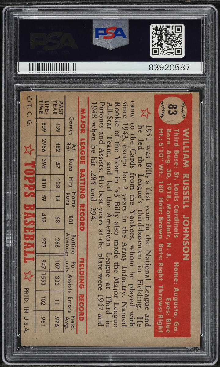 1952 Topps Billy Johnson #83 PSA 5 EX