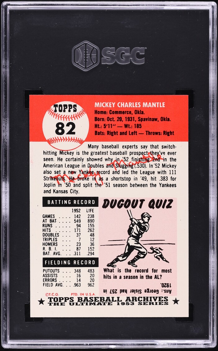 1991 Topps Archives Mickey Mantle #82 SGC 8 NM-MT
