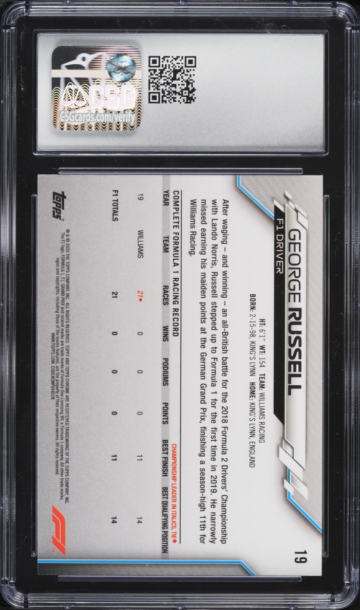 2020 Topps Chrome Formula 1 F1 George Russell ROOKIE #19 CSG 10 GEM MINT