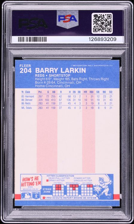 1987 Fleer Barry Larkin ROOKIE #204 PSA 7 NRMT