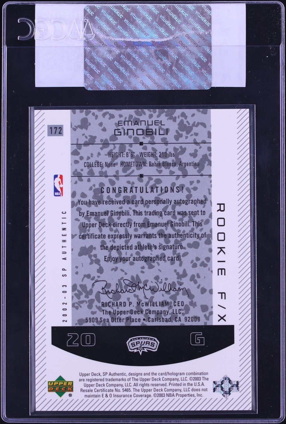 2002 SP Authentic Manu Ginobili ROOKIE AUTO /1500 #172 CGC AUTH