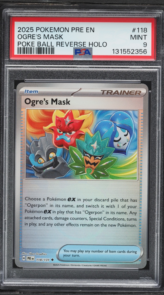 2025 Pokemon SV Prismatic Evolutions Poke Ball Reverse Holo Ogre's Mask #118 PSA 9 MINT
