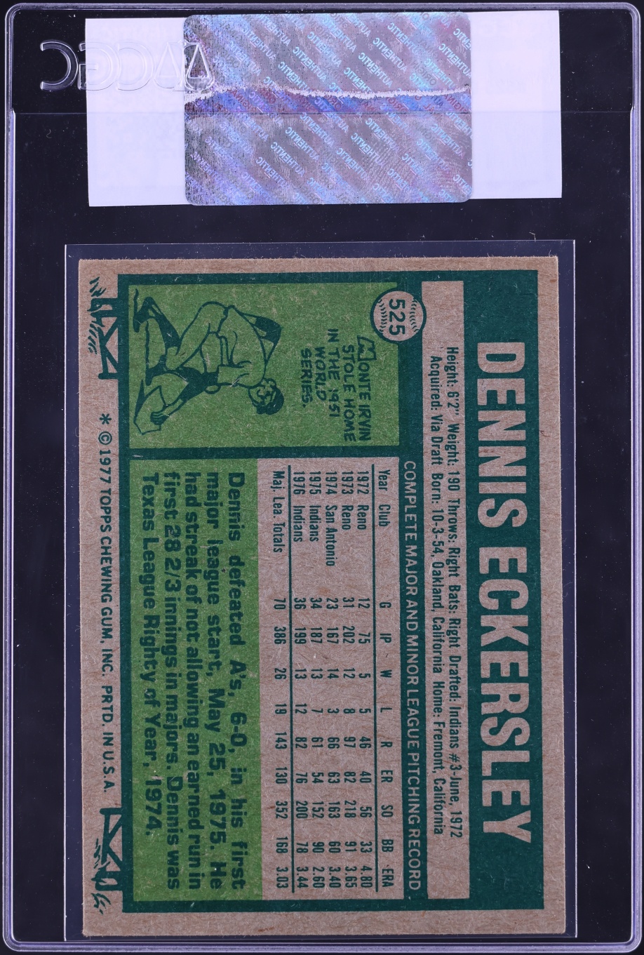 1977 Topps Dennis Eckersley #525 CGC AUTH