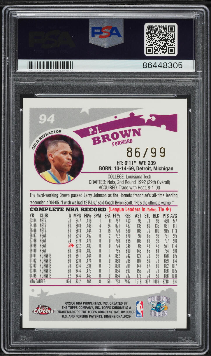 2005 Topps Chrome Gold Refractor P.J. Brown /99 #94 PSA 9 MINT