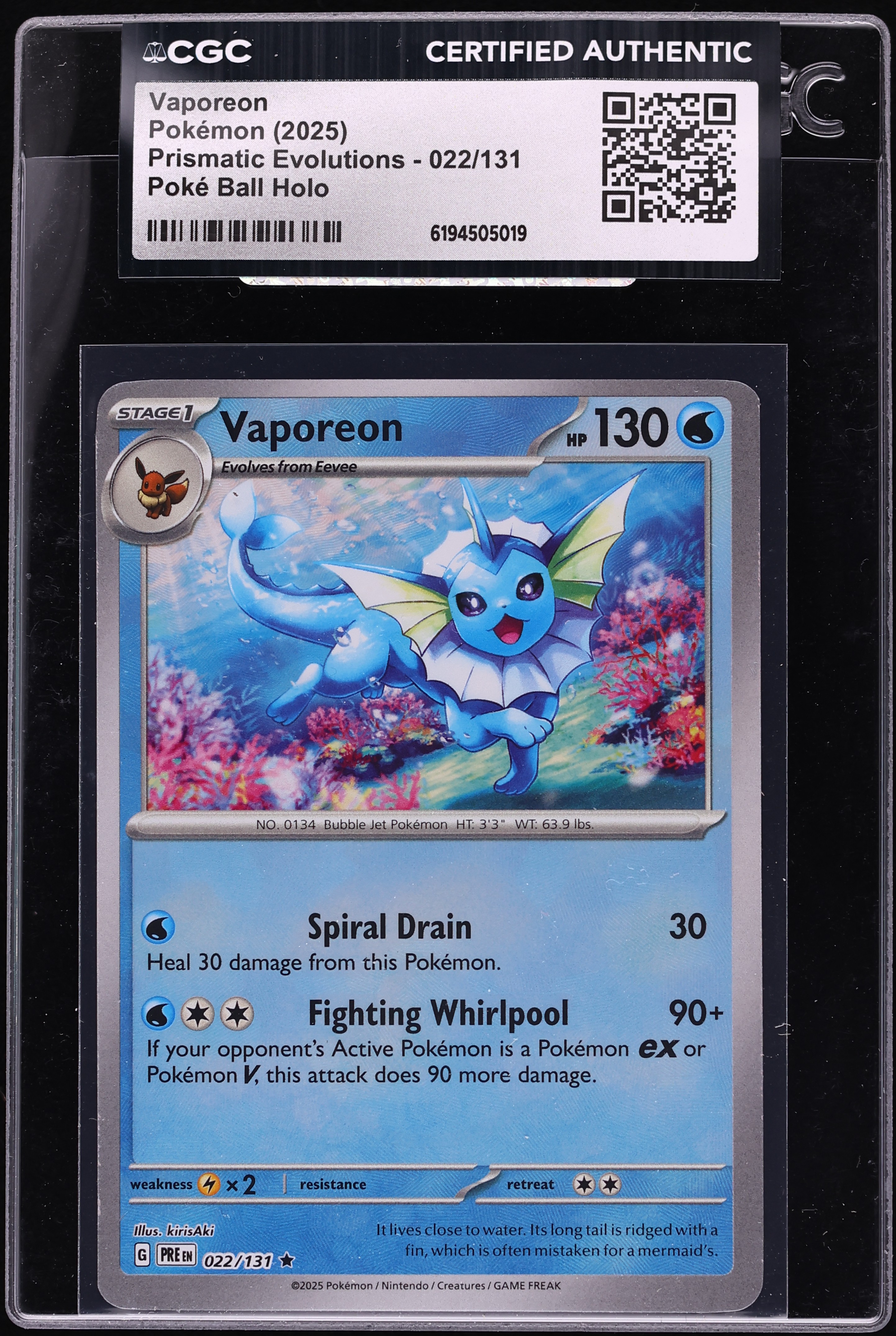 2025 Pokemon Scarlet & Violet Prismatic Evolutions Poke Ball Holo Vaporeon #22 CGC AUTH