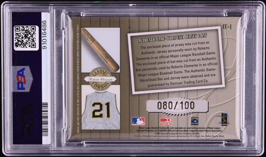 2001 Donruss Classics Classic Combos Roberto Clemente PATCH /100 #CC-1 PSA 7 NRMT
