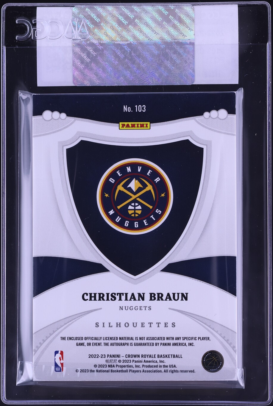 2022 Crown Royale Silhouettes FOTL Christian Braun RC PATCH AUTO 1/12 CGC AUTH