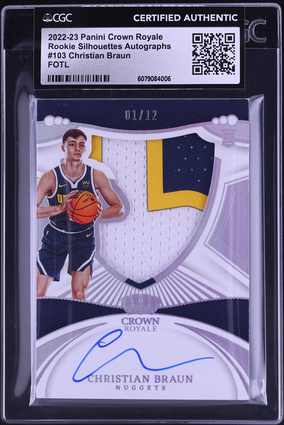 2022 Crown Royale Silhouettes FOTL Christian Braun RC PATCH AUTO 1/12 CGC AUTH