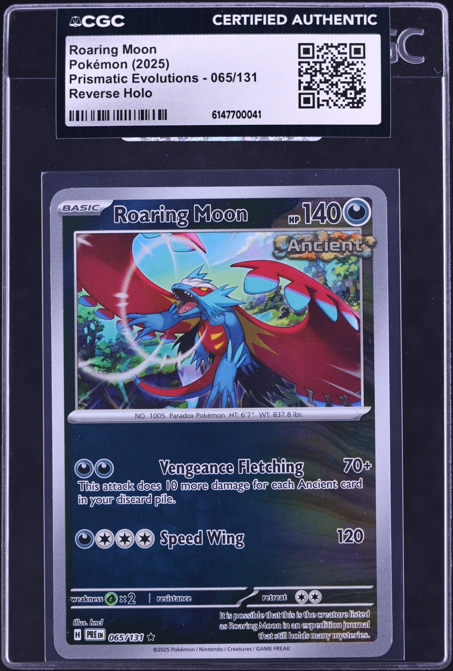 2025 Pokemon Scarlet & Violet Prismatic Evolutions Reverse Holo Roaring Moon #65 CGC AUTH
