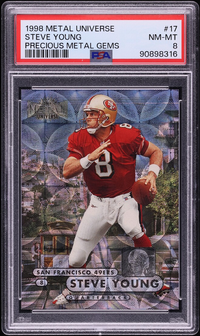 1998 Metal Universe Precious Metal Gems PMG Steve Young JERSEY # 8/50 #17 PSA 8 NM-MT - Photo 1