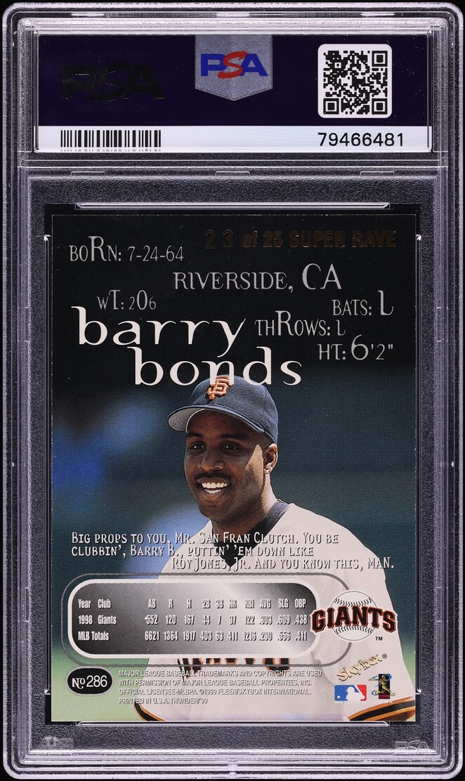 1999 Skybox Thunder Super Rave Barry Bonds /25 #286 PSA 8 NM-MT - Photo 2