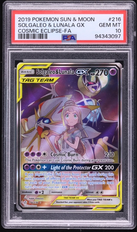 2019 Pokemon Sun & Moon Cosmic Eclipse Full Art Solgaleo & Lunala GX #216 PSA 10 GEM MINT