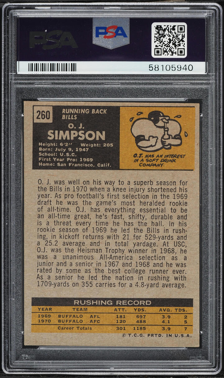 1971 Topps Football O.J. Simpson #260 PSA 4 VGEX