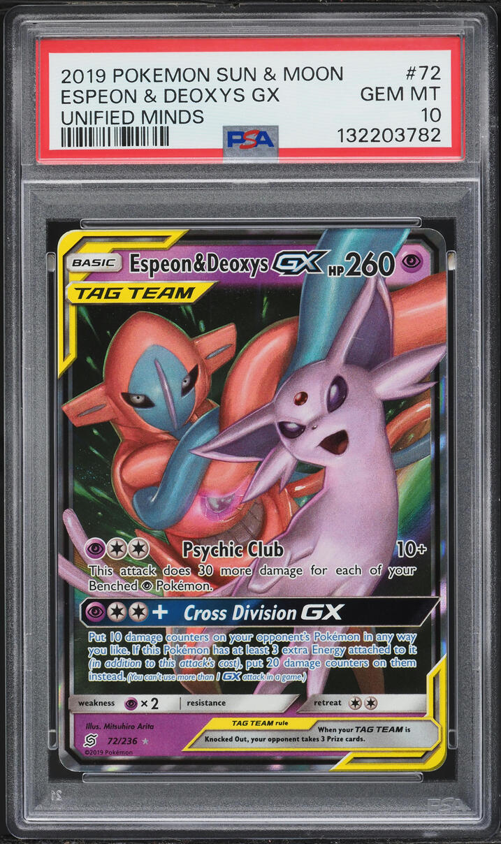 2019 Pokemon Sun & Moon Unified Minds Espeon & Deoxys GX #72 PSA 10 GEM MINT