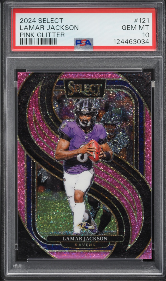 2024 Select Premier Level Pink Glitter Lamar Jackson JERSEY # 8/15 #121 PSA 10 GEM MINT
