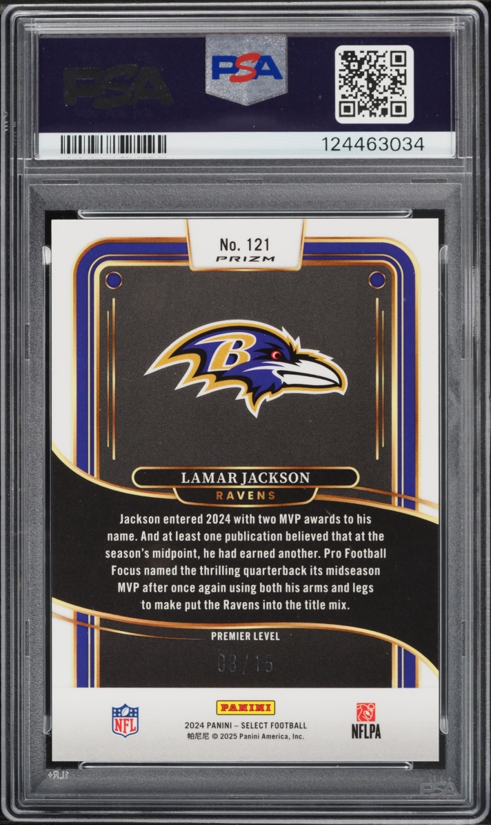 2024 Select Premier Level Pink Glitter Lamar Jackson JERSEY # 8/15 #121 PSA 10 GEM MINT