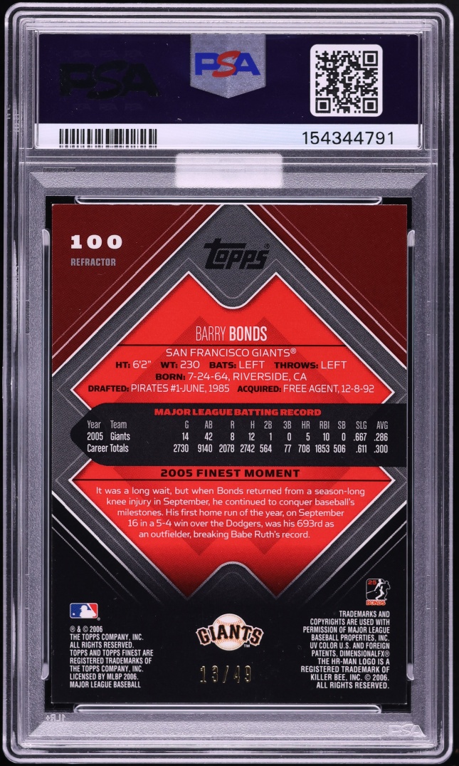 2006 Finest Gold Refractor Barry Bonds /49 #100 MBA PSA 8 NM-MT - Photo 2
