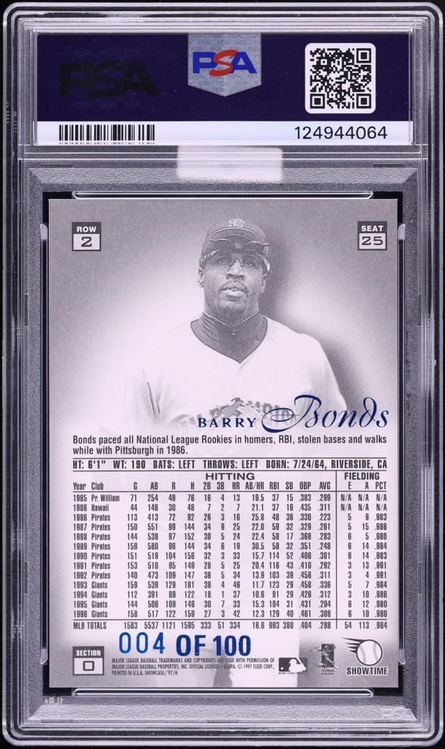 1997 Flair Showcase Legacy Collection Row 2 Barry Bonds /100 #25 MBA PSA 9 MINT - Photo 2