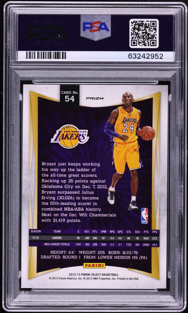 2012 Select Silver Prizm Kobe Bryant #54 PSA 10 GEM MINT - Photo 2