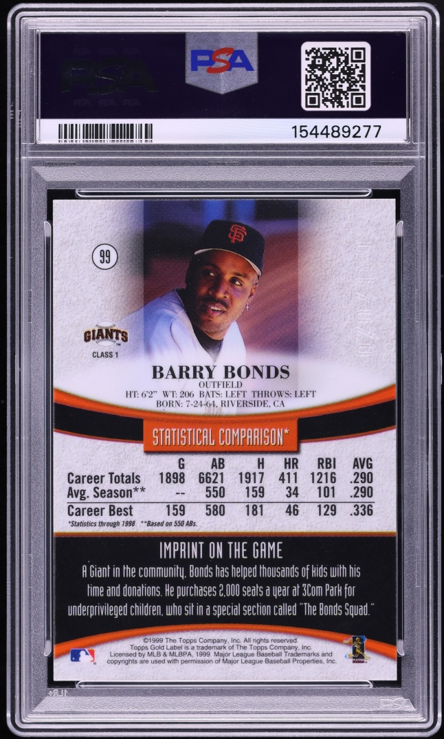 1999 Topps Gold Label Class 1 Red Label Barry Bonds /100 #99 PSA 8 NM-MT - Photo 2