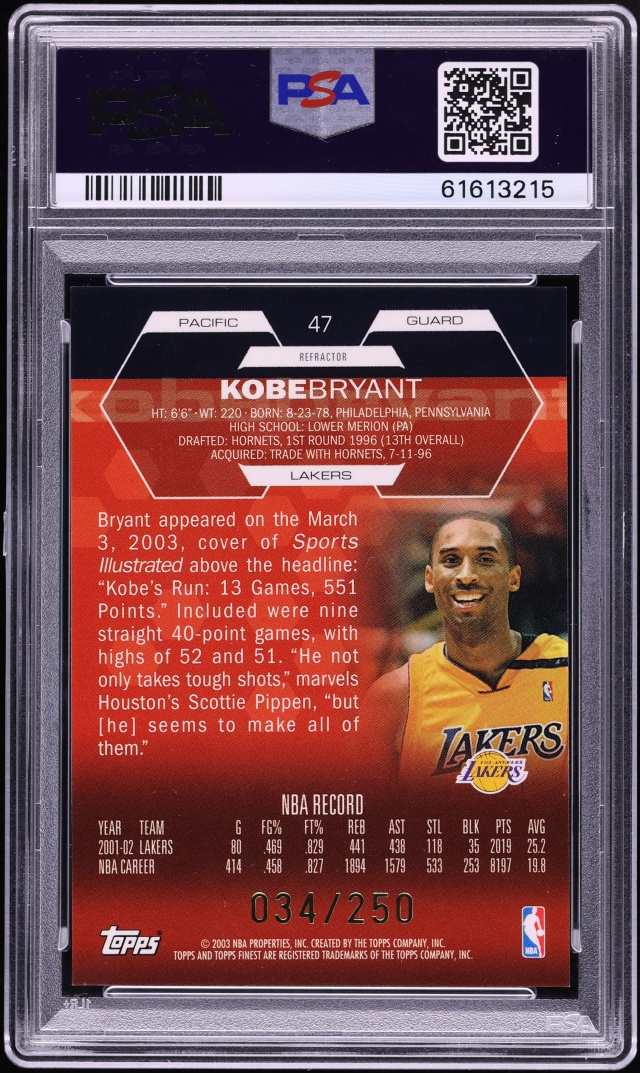 2002 Finest Refractor Kobe Bryant /250 #47 PSA 10 GEM MINT - Photo 2