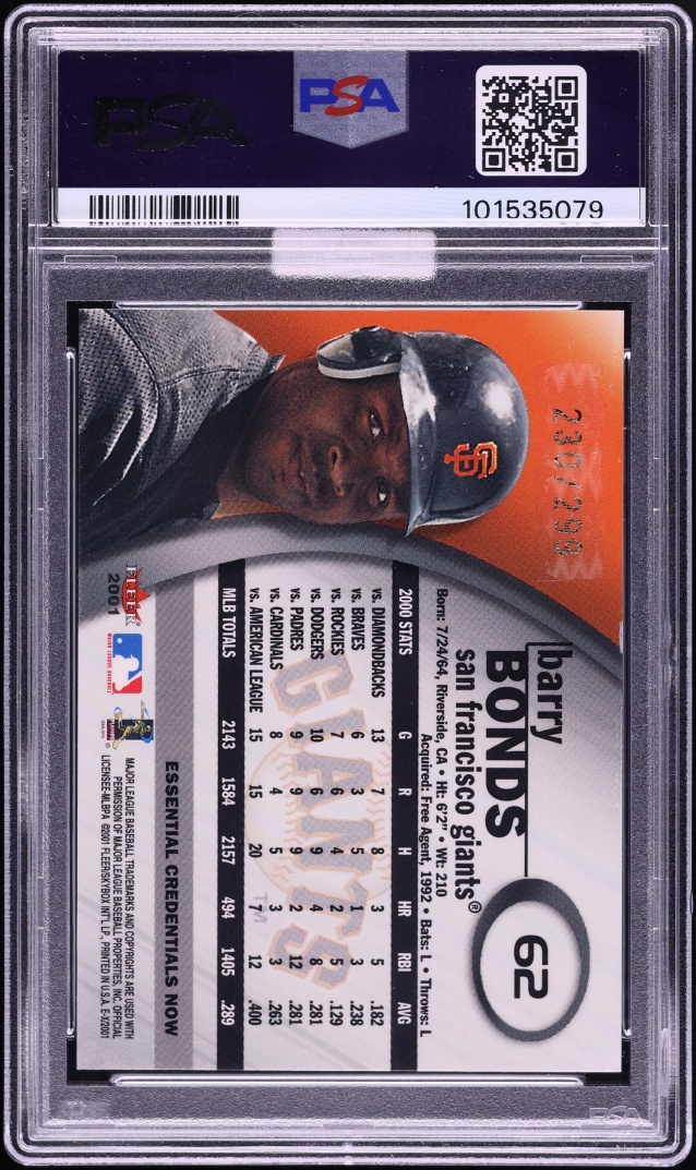 2001 Fleer E-X Essential Credentials Now Barry Bonds /299 #62 MBA PSA 8 NM-MT - Photo 2