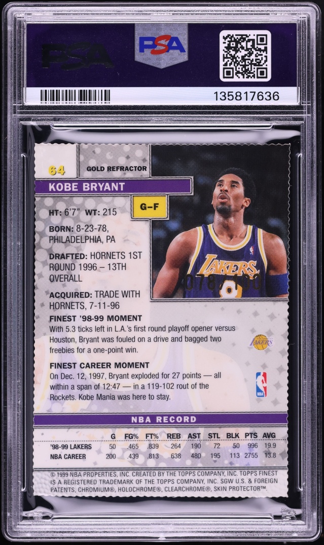 1999 Finest Gold Refractor Die-Cut Kobe Bryant /100 #64 PSA 9 MINT - Photo 2