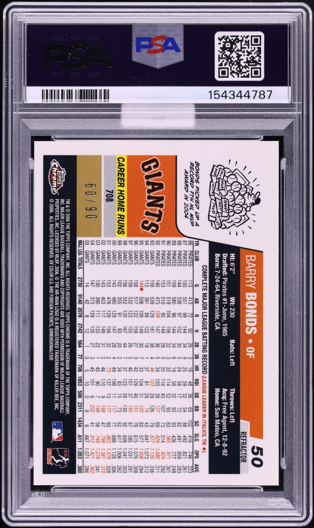 2006 Topps Chrome Red Refractor Barry Bonds /90 #50 MBA PSA 9 MINT - Photo 2
