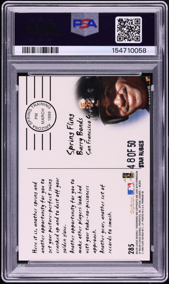 1999 Skybox Premium Star Rubies Barry Bonds /50 #285 PSA 9 MINT - Photo 2