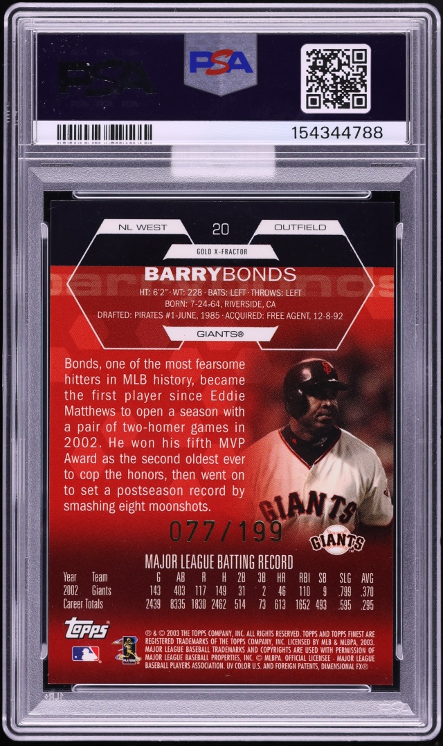 2003 Finest Gold Xfractor Barry Bonds /199 #20 MBA PSA 9 MINT - Photo 2