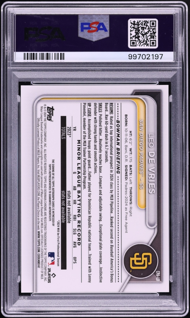 2024 Bowman Chrome Gold Refractor Leo De Vries PROSPECT AUTO /50 #CPA-LD PSA 10 GEM MINT - Photo 2