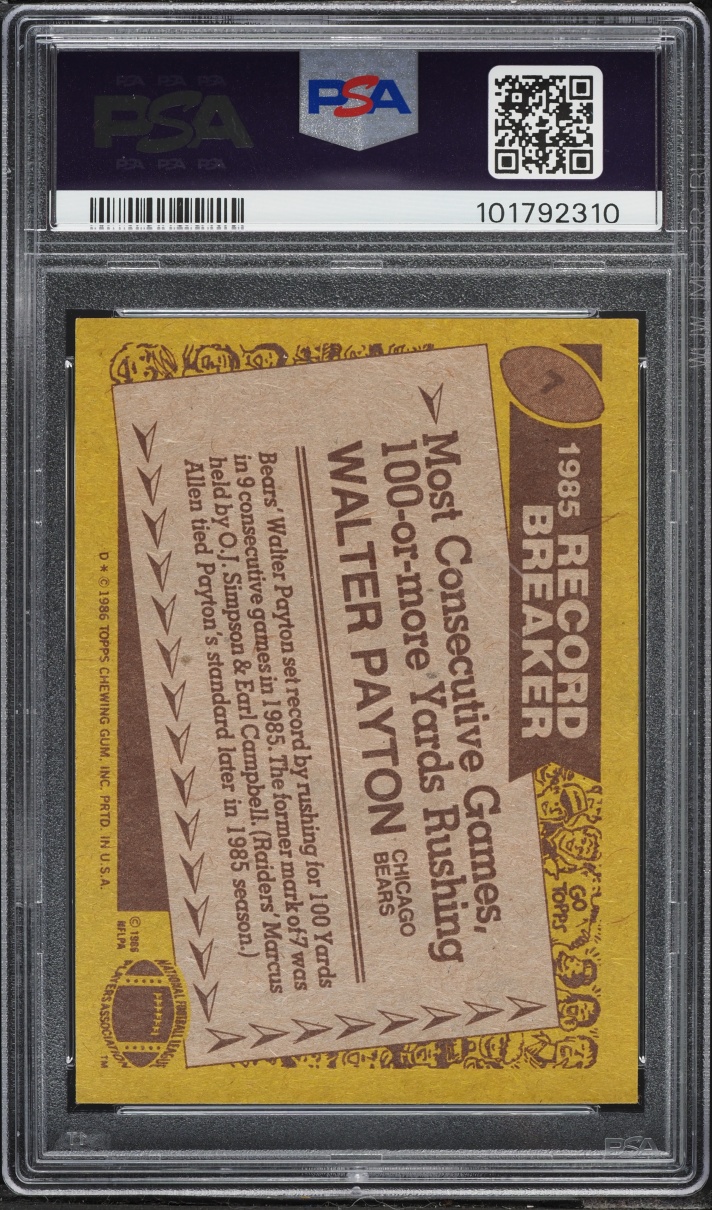 1986 Topps Football Walter Payton '85 RECORD BREAKER #7 PSA 8 NM-MT