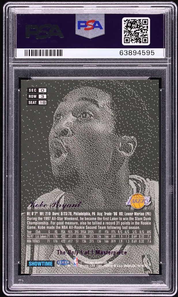 1997 Flair Showcase Legacy Collection Row 3 Masterpiece Kobe Bryant 1/1 #18 PSA 8 NM-MT