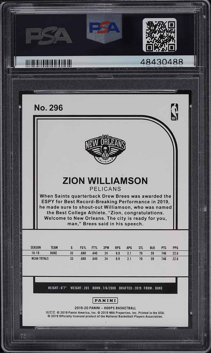 2019 Hoops Yellow Zion Williamson ROOKIE #296 PSA 10 GEM MINT