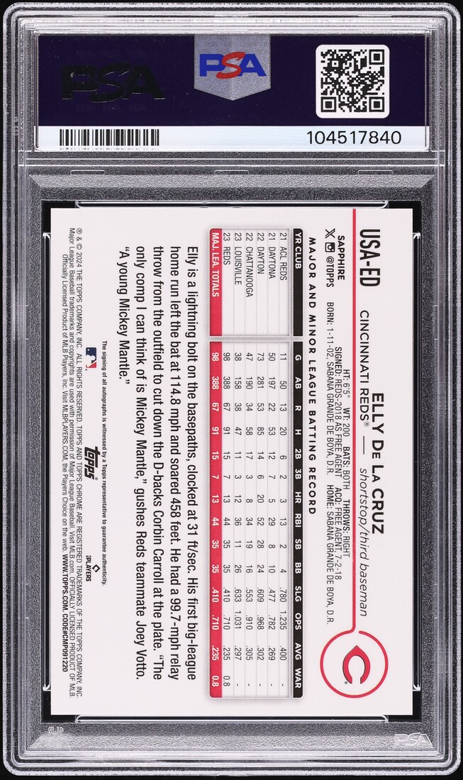 2024 Topps Chrome Sapphire Update Series Black Elly De La Cruz ROOKIE AUTO /10 #ED PSA 10 - Photo 2