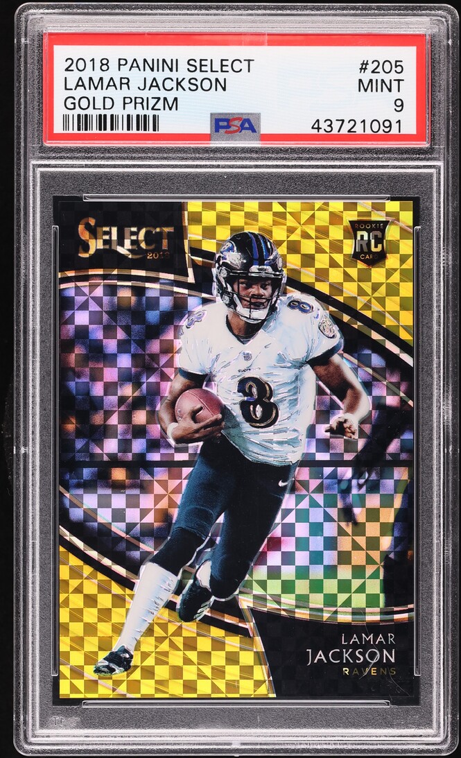 2018 Select Field Level Gold Prizm Lamar Jackson ROOKIE Jersey # 8/10 #205 PSA 9 MINT - Photo 1